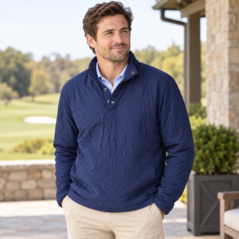 Polo Golf Ralph Lauren Mens Navy Blue Quilted Snap Neck Pullover Jacket